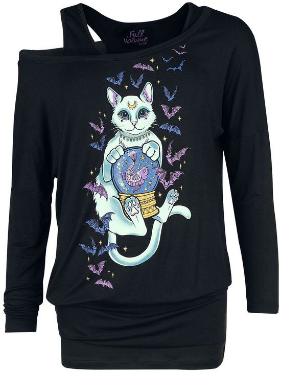 Full Volume by EMP Full Volume Zwart Shirt met Lange Mouwen en Kattenprint op de Voorkant - Dames - M