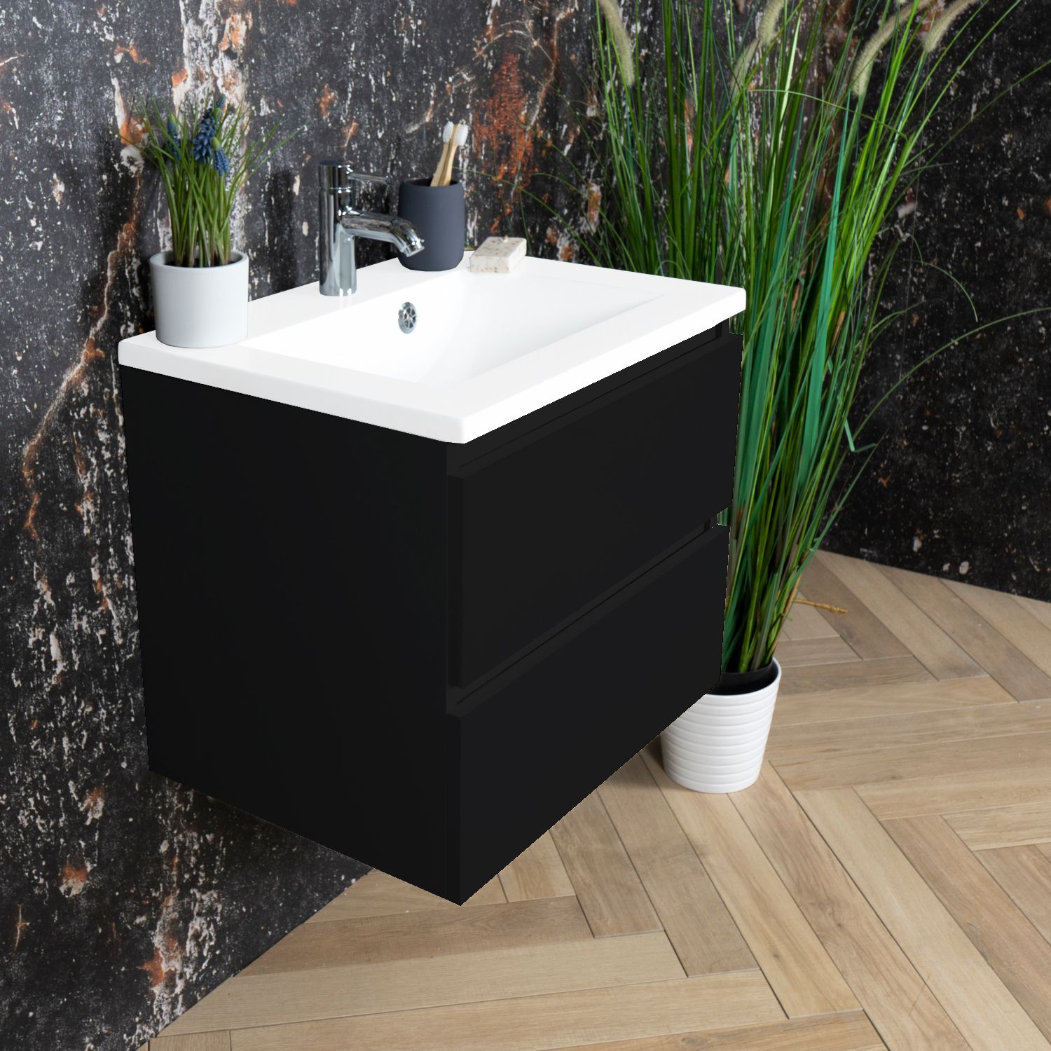 Boss & Wessing Paris 80 cm Badmeubel Mat Wit Wastafel Compleet Mat Zwart (1 Kraangat)