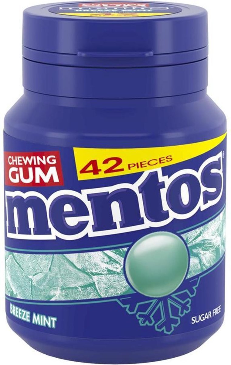 Mentos Gum Breeze Mint, menthol-eucalyptus smaak, suikervrije kauwgom, verpakking van 6 potjes met 42 kauwgoms, voor een frisse adem