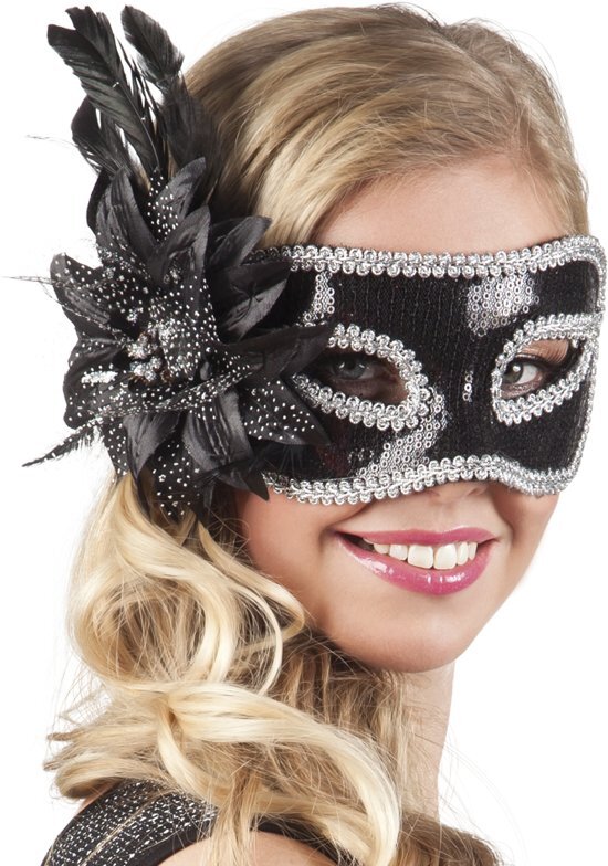 Feestbeest.nl Venetiaans masker met zwarte bloem voor volwassenen - Verkleedmasker - One size