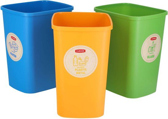 Curver ECO-Friendly Afvalscheidingsbakken - Set van 3 x 9L - Groen/Blauw/Geel