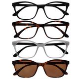 OPULIZE KAT Leesbril & Zonneleesbril - 4-Pack - Kattenoog Montuur - Zwart, Bruin, Grijs, Bruin - Heren & Dames - Veerscharnieren - RRRS59-1272 - +1.50