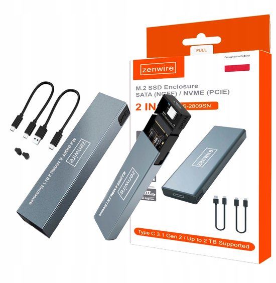 Zenwire Schijfbehuizing BS-2809SN - M.2 SSD behuizing met heatsink - Hardeschijfbehuizingen - SSD 2in1 NVME & SATA (NGFF) - 10Gbps - Pocket PCIe M.2 schijf - Behuizing USB-C 3.1 Gen2 - USB-C & USB 3.0 - Hardeschijf Behuizing - Aluminum