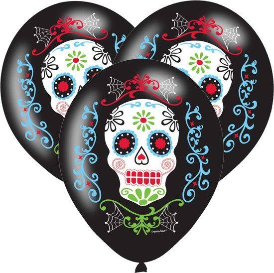 6x Zwarte horror ballonnen Day of the dead sugarskull print 27,5 cm - Halloween