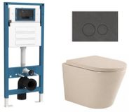 QeramiQ Dely Toiletset - reservoir encastrable Qeramiq Flush - abattant 35mm - plaque de commande en pierre naturelle marbre foncé - boutons ronds - beige