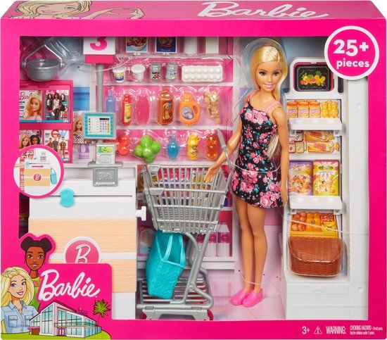 Barbie Supermarkt - Barbiepop met kassa en winkelwagen