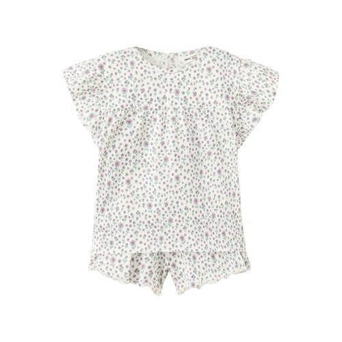 Mango Kids katoenen gebloemde shortama met ruches - ecru/paars