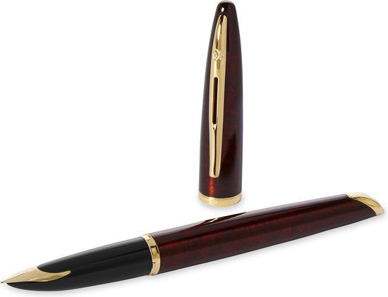 Waterman Carène Marine Amber-vulpen | glanzend bruin en zwart met 23-karaats gouden clip | mediumpunt met blauwe inktpatroon | geschenkverpakking