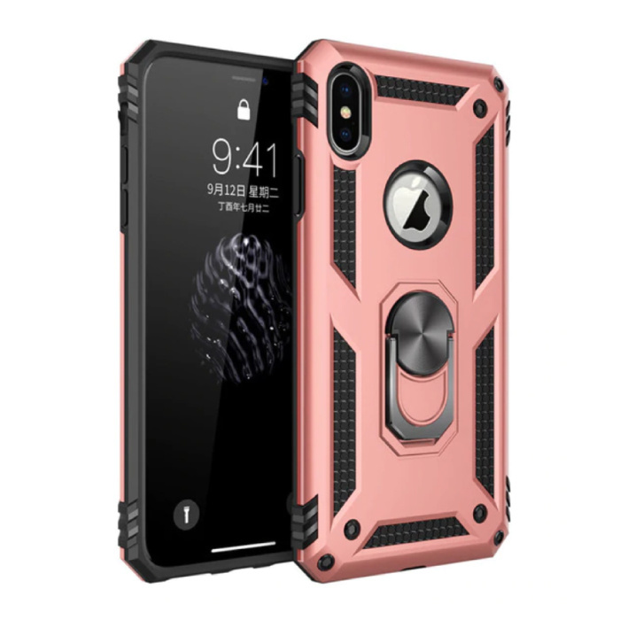 R-JUST iPhone 8 Plus Hoesje - Shockproof Case Cover Cas TPU Roze + Kickstand