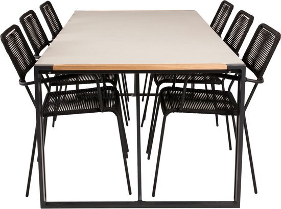 Hioshop Texas tuinmeubelset tafel 100x200cm en 6 stoel armleuningS Lindos zwart, naturel, grijs.