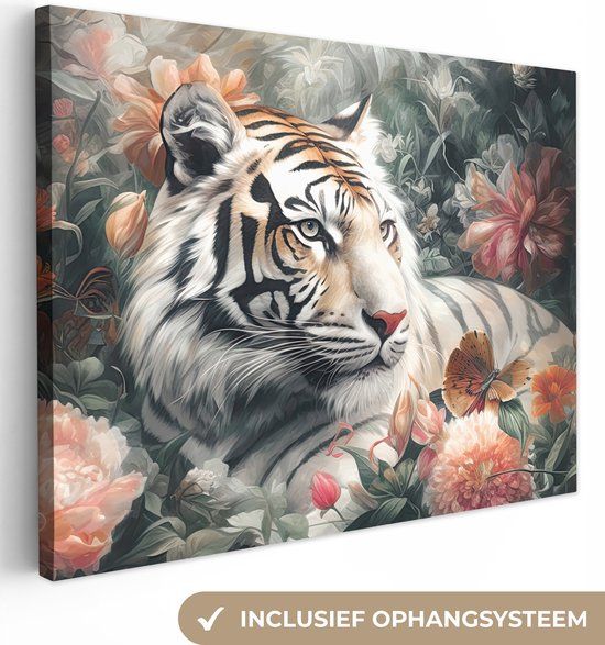 OneMillionCanvasses Canvas schilderij tijger met bloemen 160x120 cm - Wanddecoratie