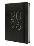 Finocam Kalender 2026, 1 dag per pagina, januari - december (12 maanden), A5 met elastiek en puntband, zachte omslag Flexi glad, zwart, Spaans