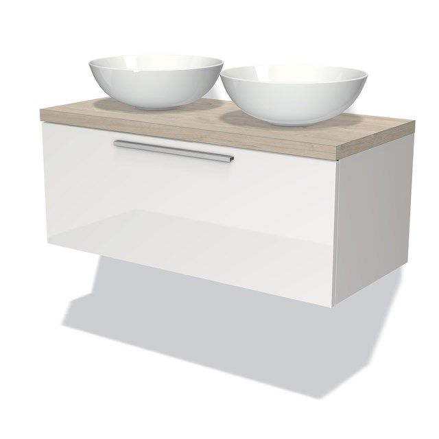 Maxaro Modulo Plato Badkamermeubel - 100cm - Hoogglans Wit - 1 Lade - Lichtgrijs Eiken Blad