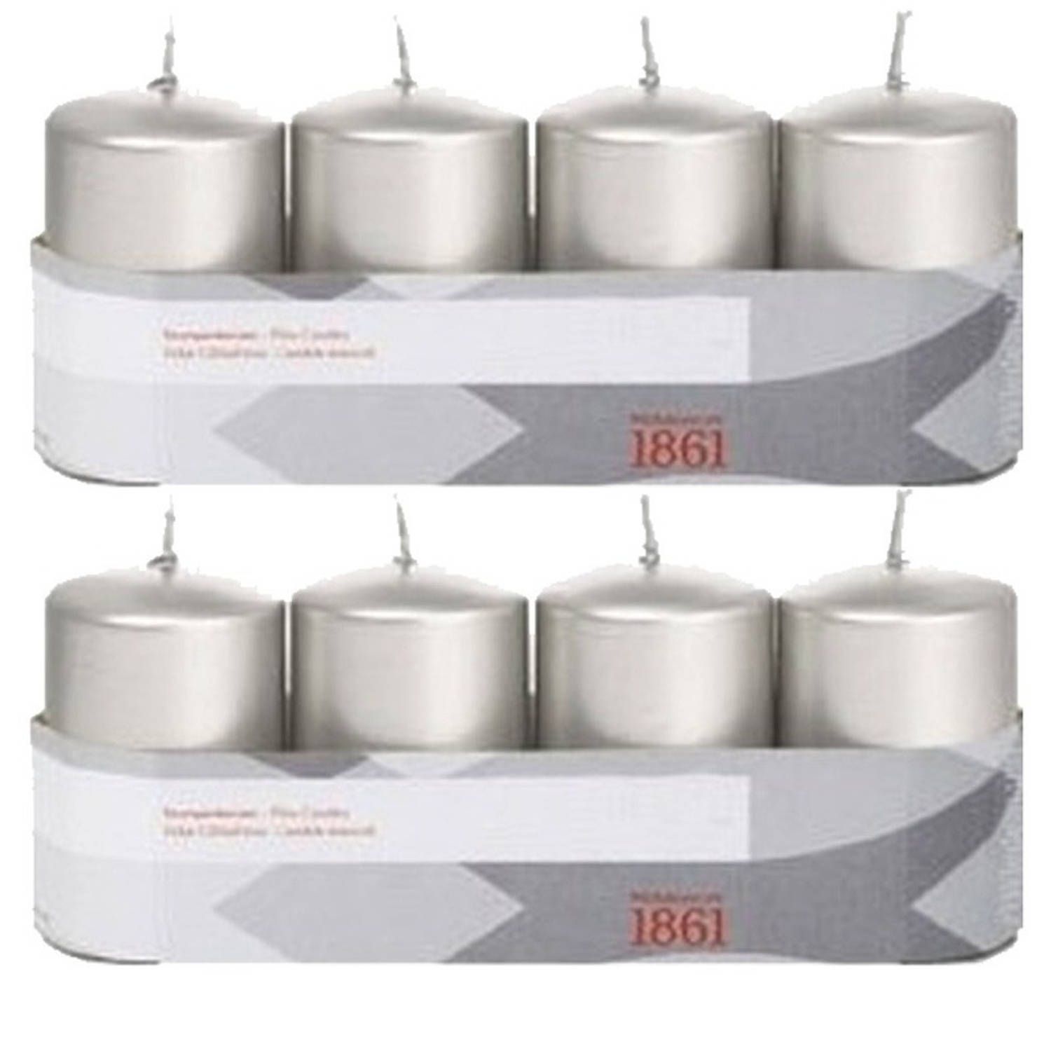 Trend Candles 8x Zilveren cilinderkaarsen/stompkaarsen 5 x 8 cm - Geurloos