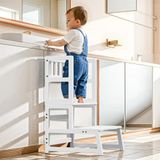 COSYLAND Opstapkruk voor Kinderen – Leertoren met 2 Treden en Leuning – Voor Keuken, Babykamer, Peuterkamer en Badkamer – Antislip – Vanaf 18 Maanden – Wit
