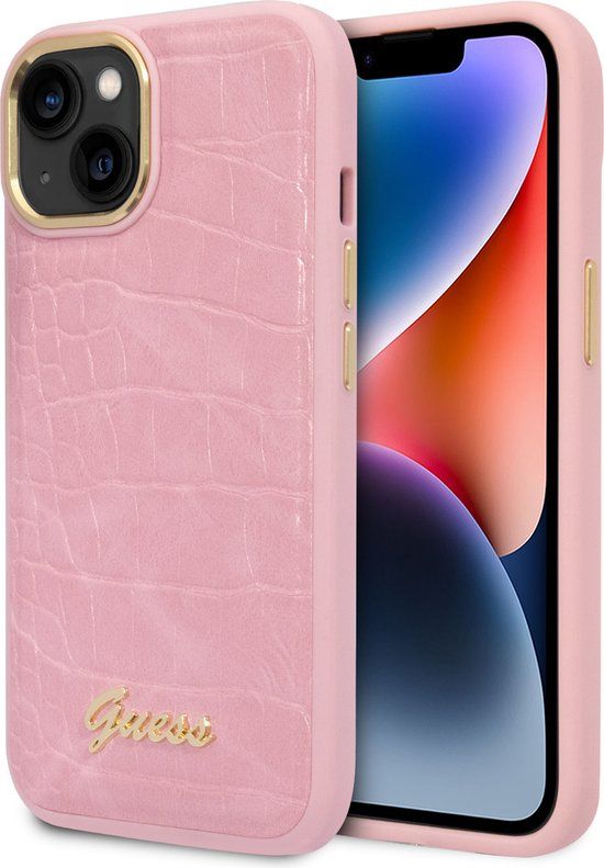Guess iPhone 14 Plus Back Cover Telefoonhoesje van PU Leer - Roze