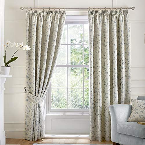 Curtina Bird Trail Jacquard Lined Pencil Pleat Curtains, Duck Egg, 66 x 90 inch