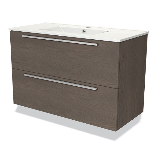 Maxaro Badkamermeubel 100cm Modulo Donkerbruin Eiken 2 Lades Vlak Wastafel Keramiek