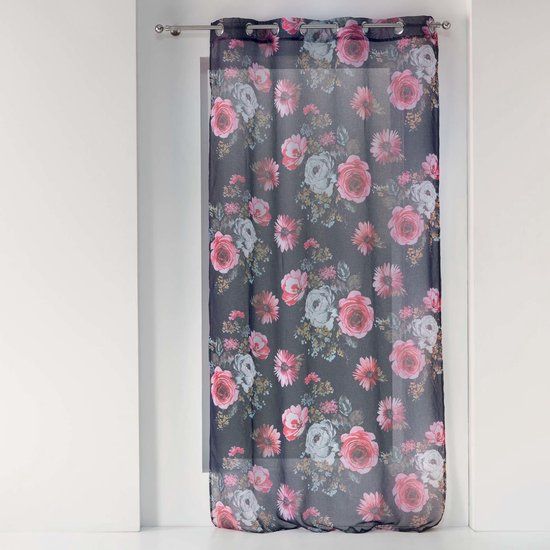 Wicotex Vitrage Gordijn - Bloemen Grijs - 140x240cm - Met Ringen