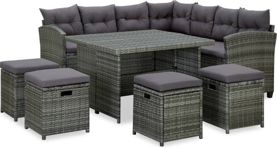 vidaXL 6-delige Loungeset met kussens poly rattan grijs