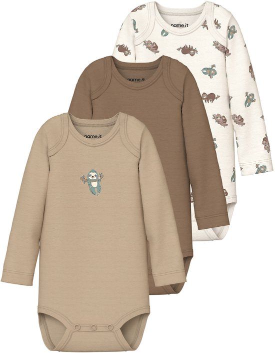 NAME IT - NBNBODY 3P LS SLOTH NOOS - Baby Bodies - Unisex - Jet Stream - Dierenprint - Katoen - Maat 62