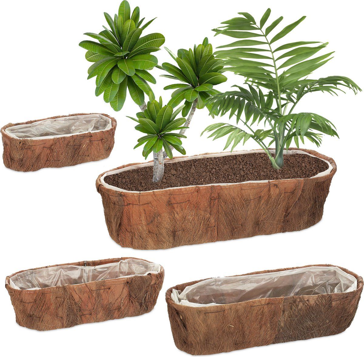 Relaxdays plantenbak laag - set van 4 - smalle bloembak balkon - langwerpige bloempot - bruin