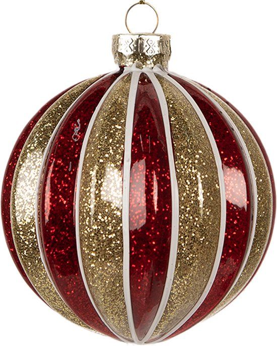 Clayre & Eef Kerstbal Ø 10x10 cm Rood Goudkleurig Glas - Kerstboomversiering