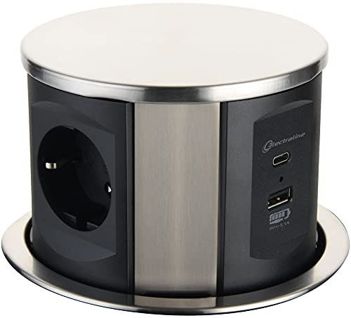 Electraline 62571 uitschuifbaar/tafelcontactdooslijst/tafelcontactdoos 3-voudig 2M (2 USB 3.1A: 1 type A + 1 type C 15.5W), inbouwcontactdoos voor werkblad meervoudige contactdoos, D 120mm