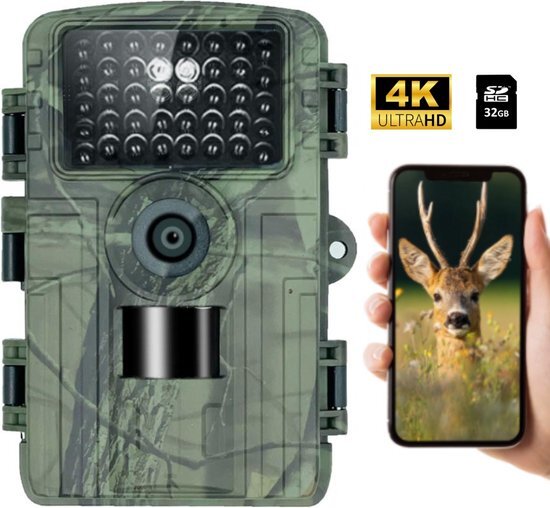 Vitavi Professionele WildCamera met Nachtzicht – WildCamera voor buiten - Wifi APP - 4K Ultra HD & 36MP - 32GB SD kaart - Incl. Batterijen