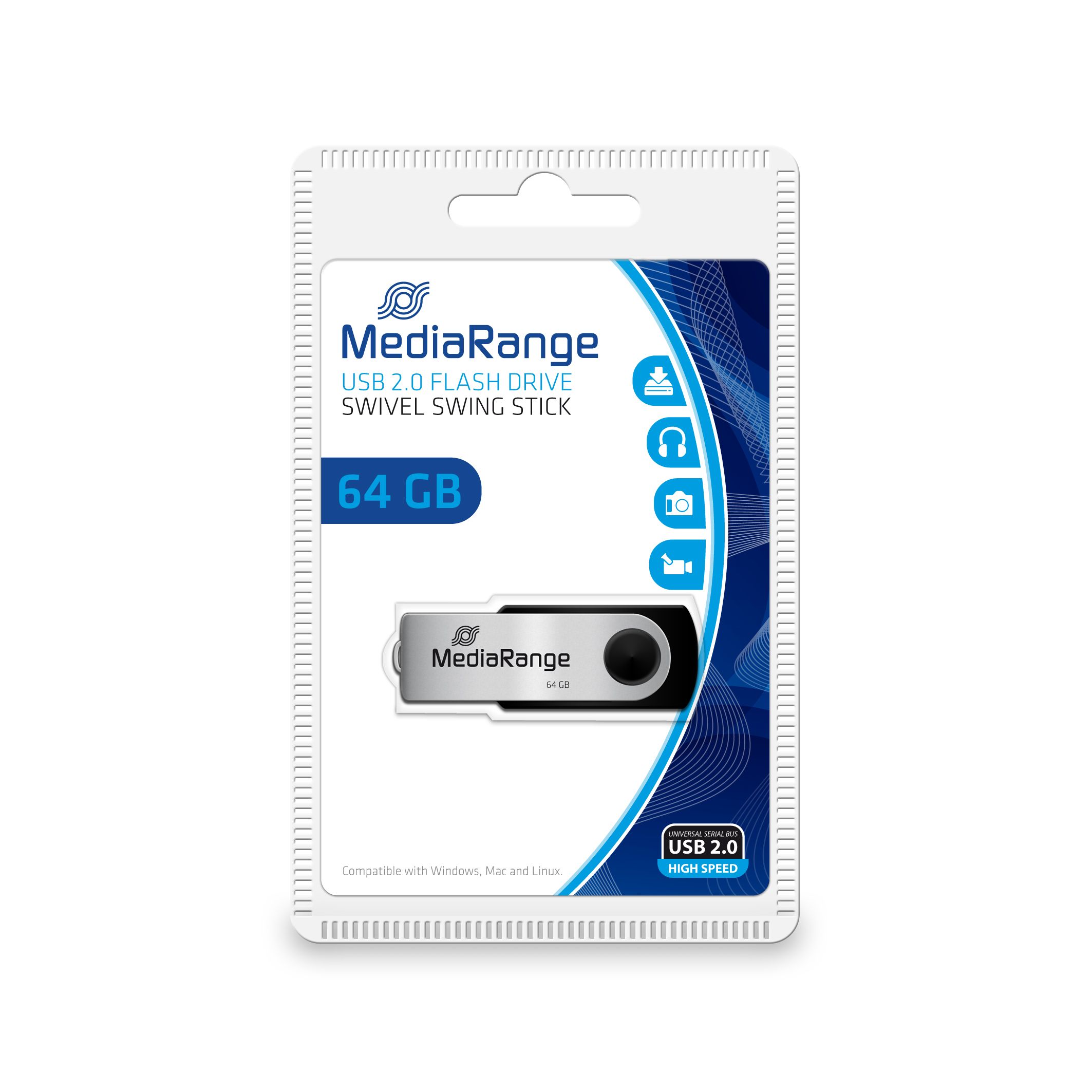 MediaRange MR911 USB Flash Drive - 32GB - USB 2.0 - Swivel - Black/Silver