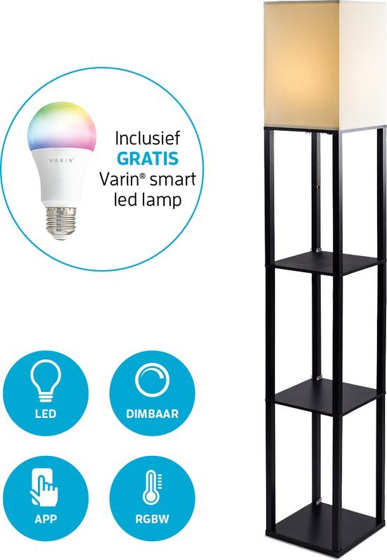 Varin Varin® Vloerlamp met vakken - Smart lamp - Zwart - Dimbaar - Witlicht en RGB - E27 - Slimme staande lampen - RGB kleuren - Dimbaar - Zwart - Sfeerlamp - Vakkenkast - Moderne industrieel - Vloerlampen - Verlichting woonkamer, keuken en slaapkamer