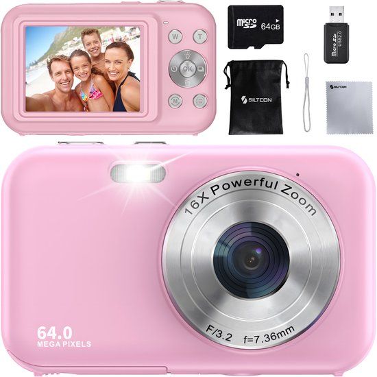 Siltcon® SI161 -2 Digitale Camera - Roze - Full HD - 64 MP - 16x Zoom - Incl. 64GB SD
