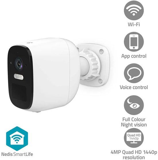 Nedis SmartLife Beveiligingscamera Buiten – 2K QHD – Spotlight – WiFi – Alarm – IP66 – Bewegingssensor – Wit