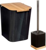5five Badkamer/toilet accessoires set - WC-borstel in houder en prullenbak - zwart - bamboe - 5 liter