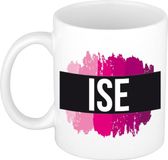 Bellatio Decorations Ise naam cadeau koffie mok - beker - met roze verfstrepen - Cadeau collega - moederdag - verjaardag - juf - coach - 300 ml - wit