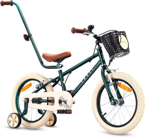 Sun Baby Kinderfiets 16 Inch LOVEL Fiets voor Jongen 4-6 Jaar, Max 50 kg - zijwieltjes, mandje, bel, kettingkast, duwstang - Donkergroen