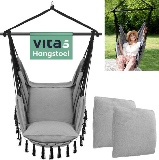 Vita5 Hangstoel voor Binnen & Buiten. Met 2 Kussens, Drankhouder & Boekenvak - XXL Hangstoel (ook voor kinderen). Belastbaar tot 150kg (Grijs)