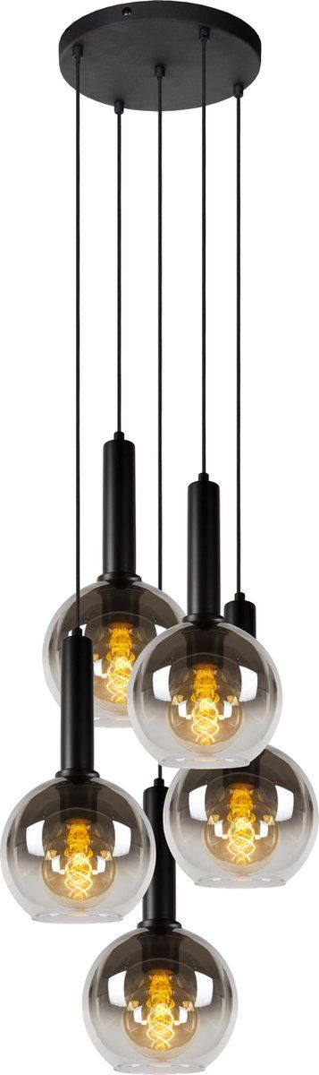 Lucide MARIUS Hanglamp - Ø 55 cm - 5xE27 - Zwart - Glas