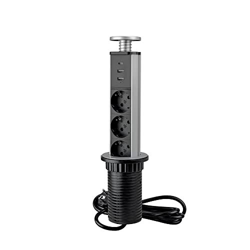 Emuca - Inschuifbare multiconnector Vertikal - 3 EU/ 2 USB-A + 1 USB-C - Metallic grijs