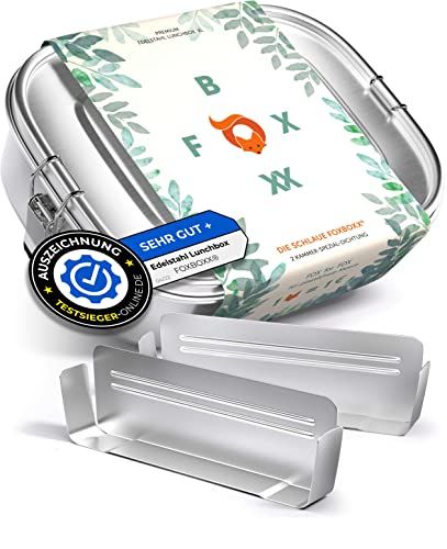 FOXBOXX FOXBOXX® Premium lunchbox, roestvrij staal, XL, 1400 ml, 2 verdelers, 3 vakken, DualCham afdichting & Smart Clips, lekvrije, milieuvriendelijke bento box, kinderen en volwassenen