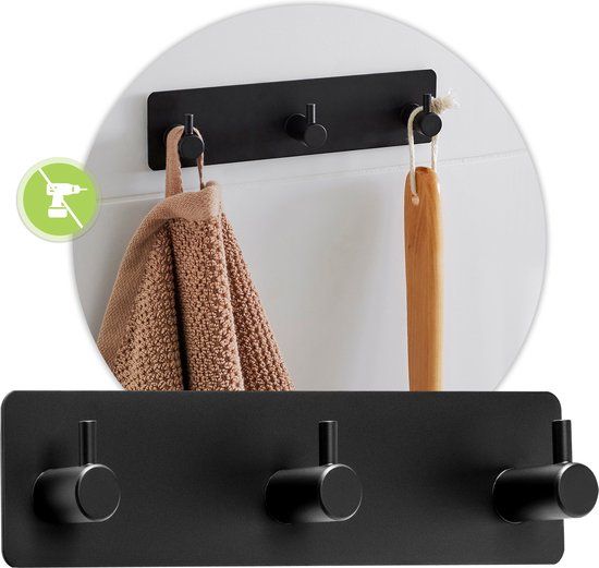 XIVADA Handdoekhaakjes Zelfklevend - Zwart - RVS - 3 in 1