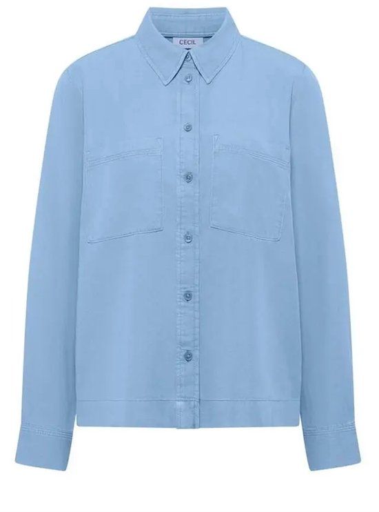 Cecil Damesblouse met lange mouwen - Katoen Poplin - Klassieke kraag - Borstzak - Knopen - Regular Fit - Effen - Cloud Blue - Maat M
