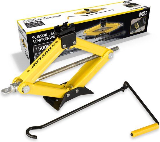 Dunlop Autokrik Mechanisch - Auto Krik met 1500KG Hefvermogen - Schaarkrik met Lifthoogte 26-38 cm - Metaal - Geel/ Zwart