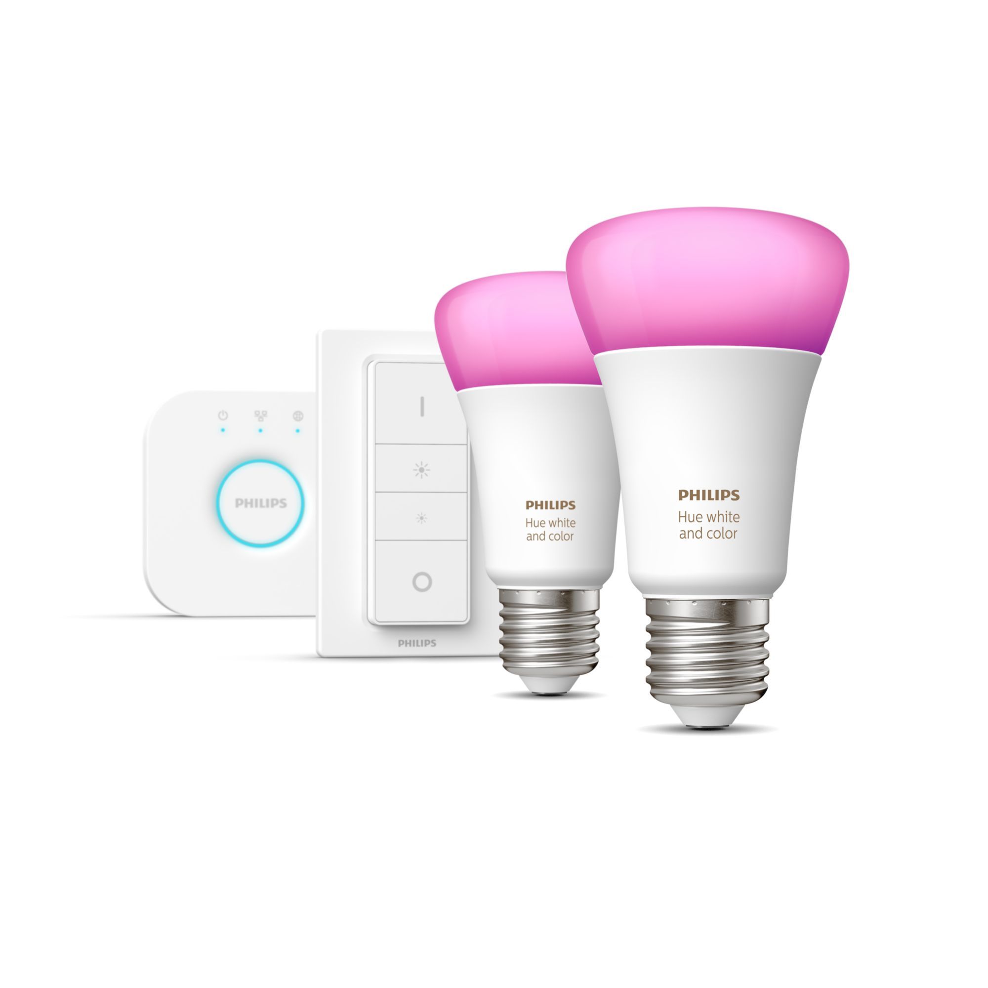 Philips Hue White and Color Ambiance Starter Kit E27 - Smart Lighting with Bridge and Dimmer Switch - 2x 9W - Bluetooth