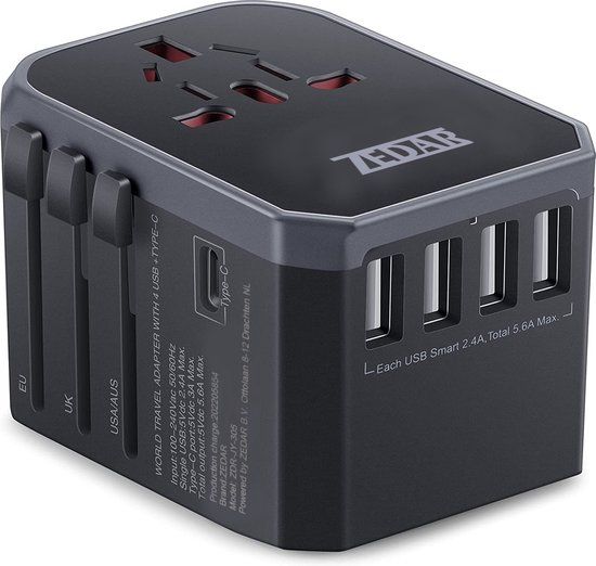 Zedar Wereldstekker met USB-C en 4 USB Poorten - 2000W - Universeel Reisstekker voor 150+ Landen - Zwart
