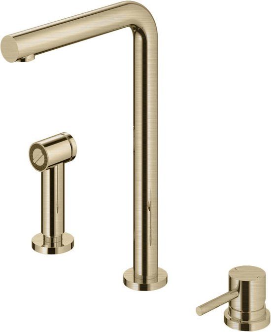 Hotbath Fellow Keukenmengkraan - 3-gats - Draaibare Uitloop & Uitneembare Handdouche - Geborsteld Messing