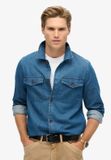 Superdry The Merchant Store Indigo Overshirt Heren Lange Mouwen Shirts XL Katoen Klassieke Kraag Klepzakken Knoopsluiting Effen Indigo Herringbone Casual Volwassenen Lente/Zomer 2024