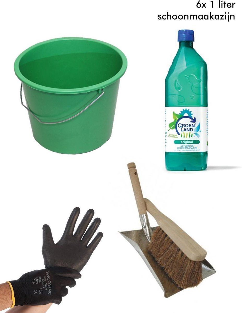 Octoclean.nl Schoonmaakpakket TUIN | 6 liter Groenland Schoonmaakazijn, 12 liter emmer, Stoffer en blik metaal, 1 paar werkhandschoenen