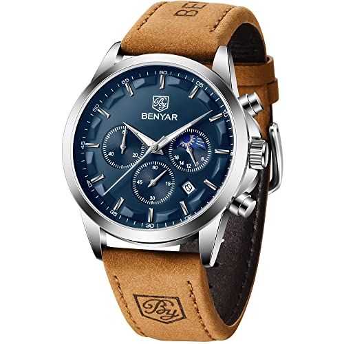 BENYAR Herenhorloge, waterdicht, chronograaf, helder, klassiek, leren armband, grote wijzerplaat, analoog en krasbestendig, elegant cadeau (zwart zwart), bruin, blauw., informeel