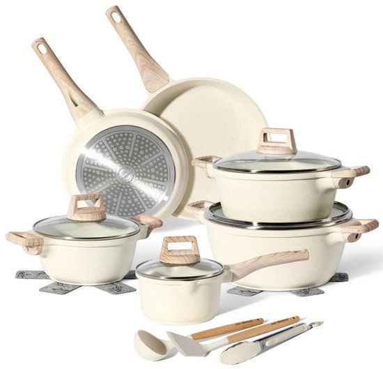 JUST PERFECTO HOUSEHOLD APPLIANCES 15-Piece Induction Cookware Set - Beige with Lids - PFAS-Free - Cool Touch Handles